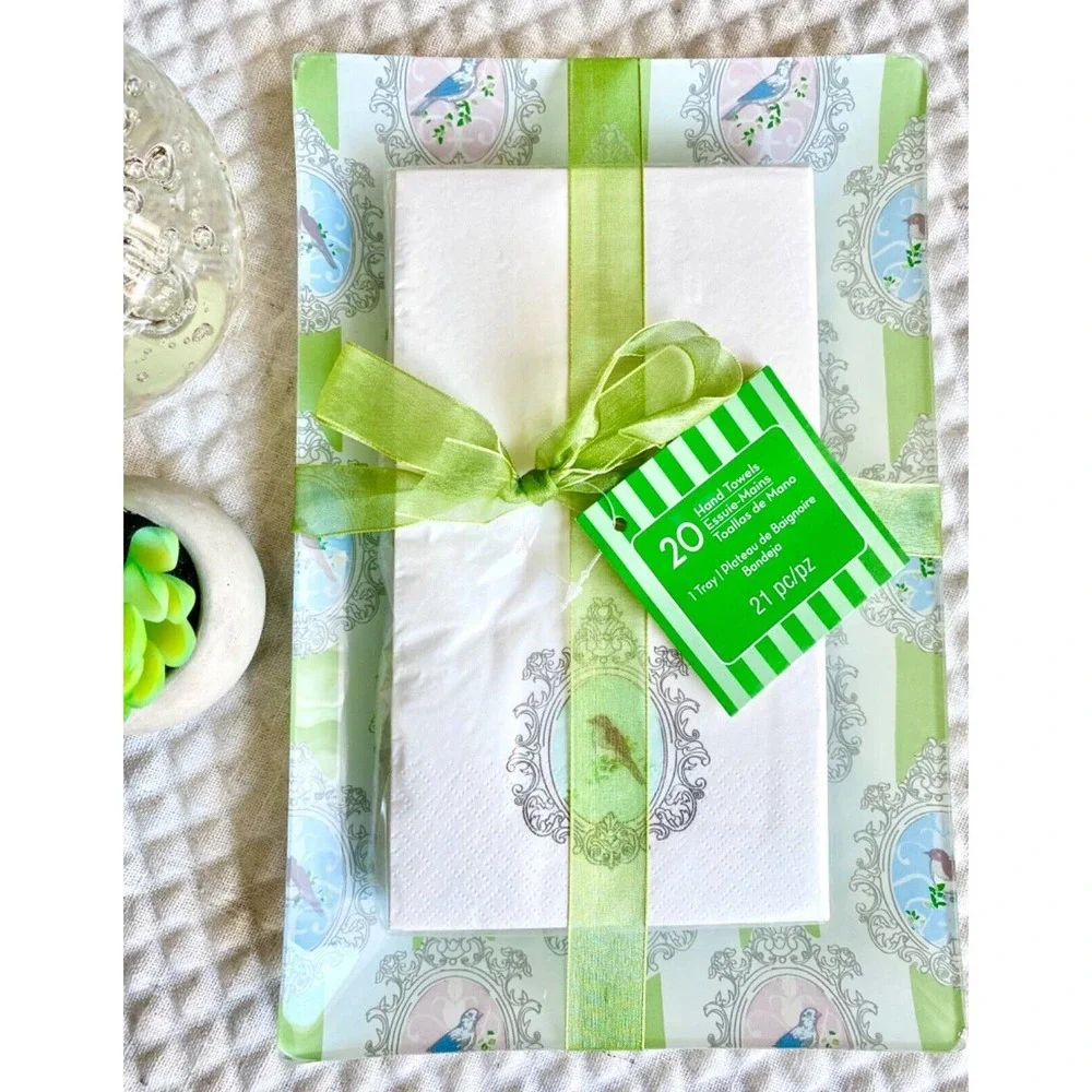 New Bird Print Paper Guest Towels Napkins w/ Bird & Green Stripe Glass Tray